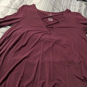American Eagle Outfitters Maroon Crisscross V-Neck Long Sleeve Top